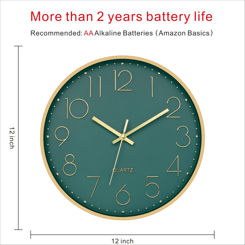 Foxtop Modern Wall Clock 12 Inch Silent Non Ticking Battery Operated Round Quartz Gold Wall Clock for Living Room Bedroom Kitchen Office Classroom Decor (Dark Green Dial) - Image 2