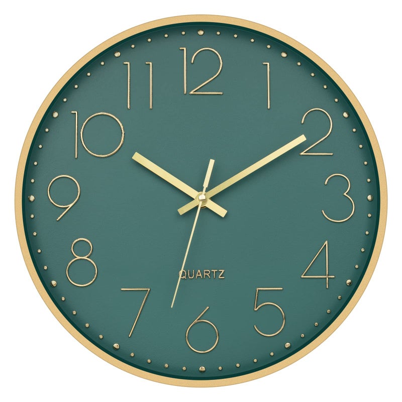 Foxtop Modern Wall Clock 12 Inch Silent Non Ticking Battery Operated Round Quartz Gold Wall Clock for Living Room Bedroom Kitchen Office Classroom Decor (Dark Green Dial) - Image 1