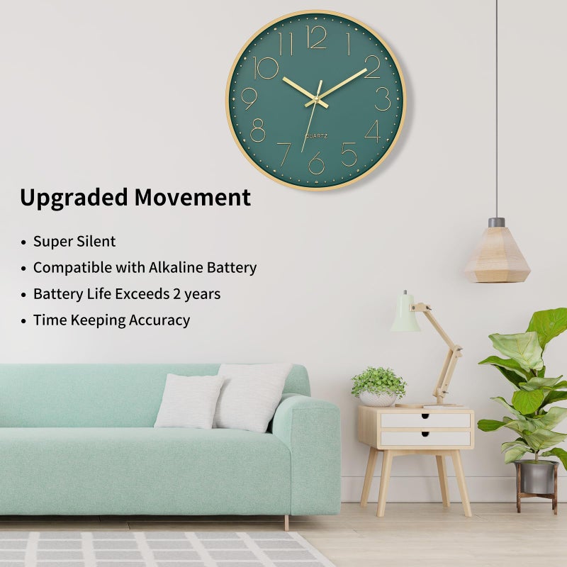 Foxtop Modern Wall Clock 12 Inch Silent Non Ticking Battery Operated Round Quartz Gold Wall Clock for Living Room Bedroom Kitchen Office Classroom Decor (Dark Green Dial) - Image 3