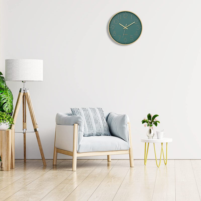 Foxtop Modern Wall Clock 12 Inch Silent Non Ticking Battery Operated Round Quartz Gold Wall Clock for Living Room Bedroom Kitchen Office Classroom Decor (Dark Green Dial) - Image 4