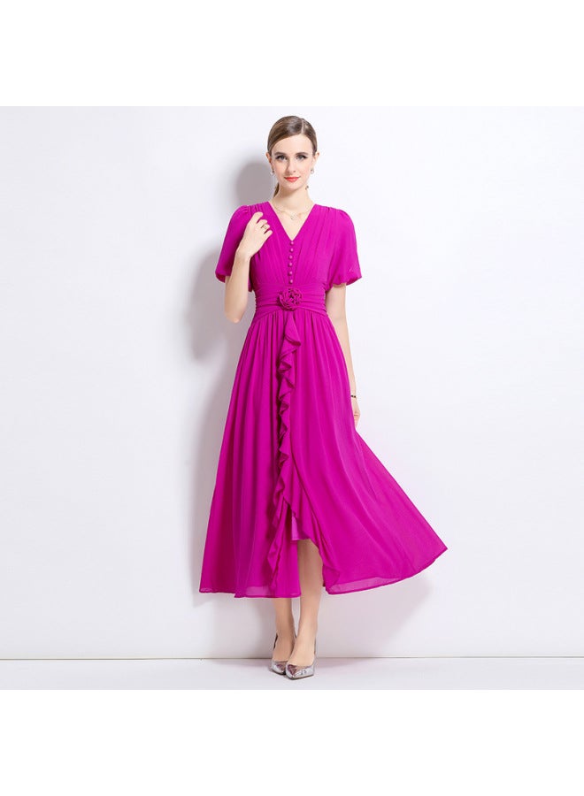 Purple Summer Handmade Stereo Flower Elegant Slimming V-neck Pure Color Long Dress