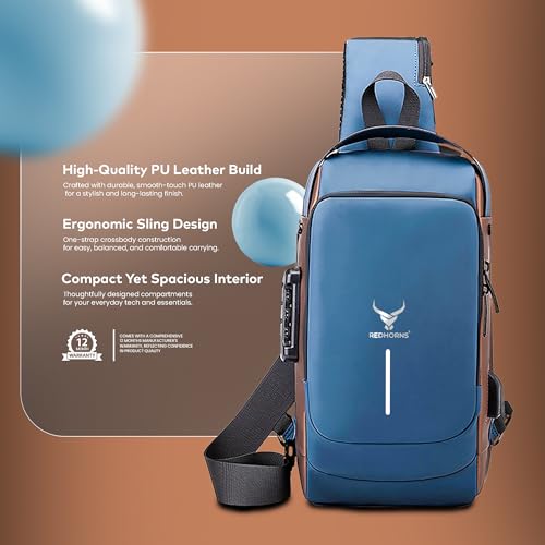 REDHORNS Waterproof Crossbody Chest Bag for Men & Women with USB Charging Port Unisex Design Anti-Theft Zipper Password Lock Shoulder Bag, Sling Bag for Travel (Blue) - Image 3