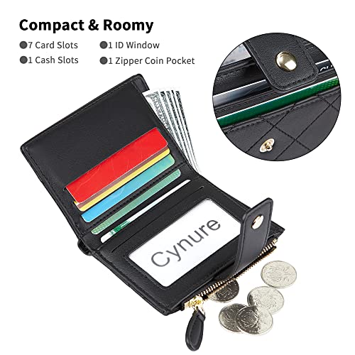 Cynure Women's Cute Leather Card Holder Small Compact Bifold Wallet with Zip Coin Pocket, Black - Image 2