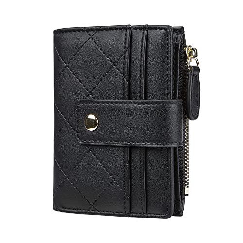 Cynure Women's Cute Leather Card Holder Small Compact Bifold Wallet with Zip Coin Pocket, Black - Image 1