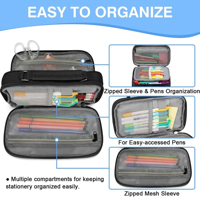 Vaschy Pencil Case, Large Pencil Pouch with Compartments for Middle School,Work,Office Pen Organizer Holder School Supply Black - Image 3