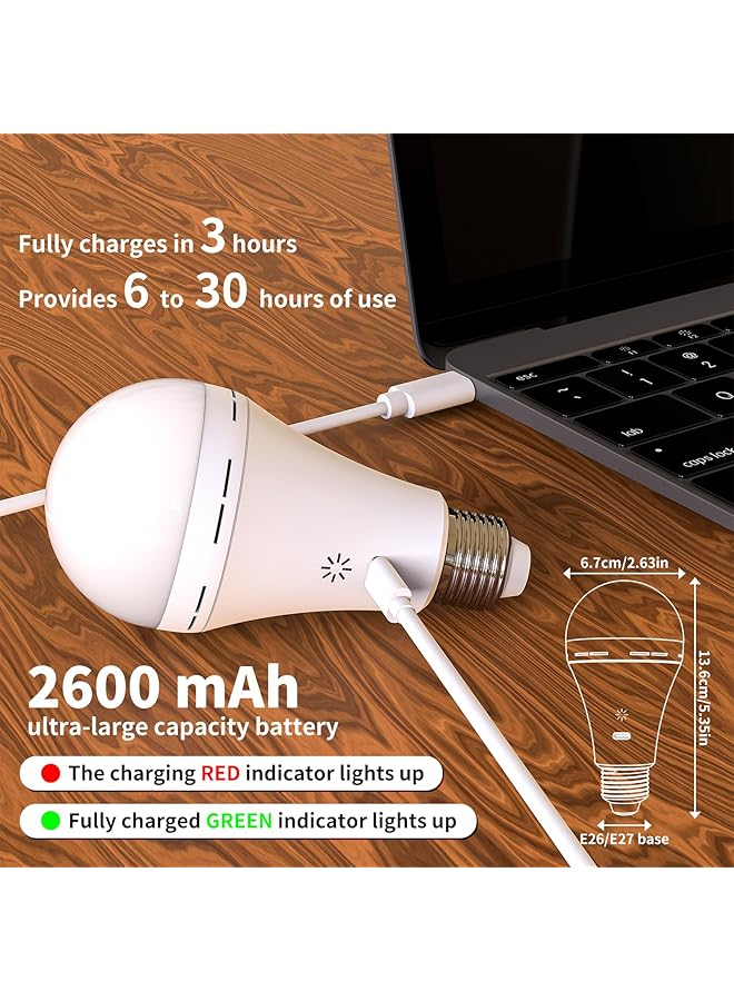 Generic USB C Rechargeable Light Bulb with Remote Control 7W Battery Powered Light Bulbs E27 Touch Control Dimmable LED Bulb Outdoor Camping Emergency Light Bulb with Hook Warm White Light/2 Pack  - Image 2