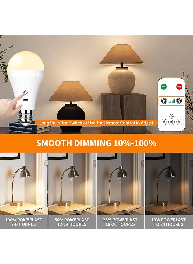 Generic USB C Rechargeable Light Bulb with Remote Control 7W Battery Powered Light Bulbs E27 Touch Control Dimmable LED Bulb Outdoor Camping Emergency Light Bulb with Hook Warm White Light/2 Pack  - Image 3