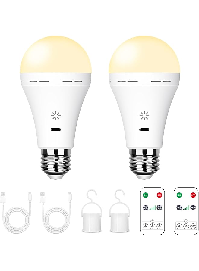 Generic USB C Rechargeable Light Bulb with Remote Control 7W Battery Powered Light Bulbs E27 Touch Control Dimmable LED Bulb Outdoor Camping Emergency Light Bulb with Hook Warm White Light/2 Pack  - Image 1