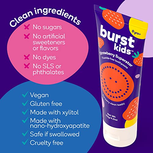 BURST Fluoride Free Strawberry Kids Toothpaste (4oz) | Great Tasting | Dye Free for Baby & Toddler Age 0+ | with Nano Hydroxyapatite - Image 4