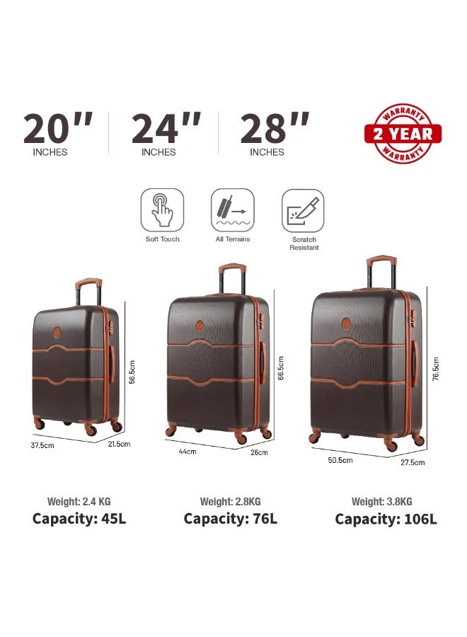 ايجل اكسبريس طقم حقائب سفر "Eagle Express Iconic" المكون من 3 قطع (مقاسات 20/24/28 بوصة) باللون البني (Maple Brown)؛ يتميز بهيكل صلب ومتين من مادة ABS وتصميم خفيف الوزن، ويشمل حقائب مناسبة للمقصورة وأخرى للشحن، مع عجلات دوارة بزاوية 360 درجة، ونظام قفل آمن، وضمان لمدة عامين. - Image 3