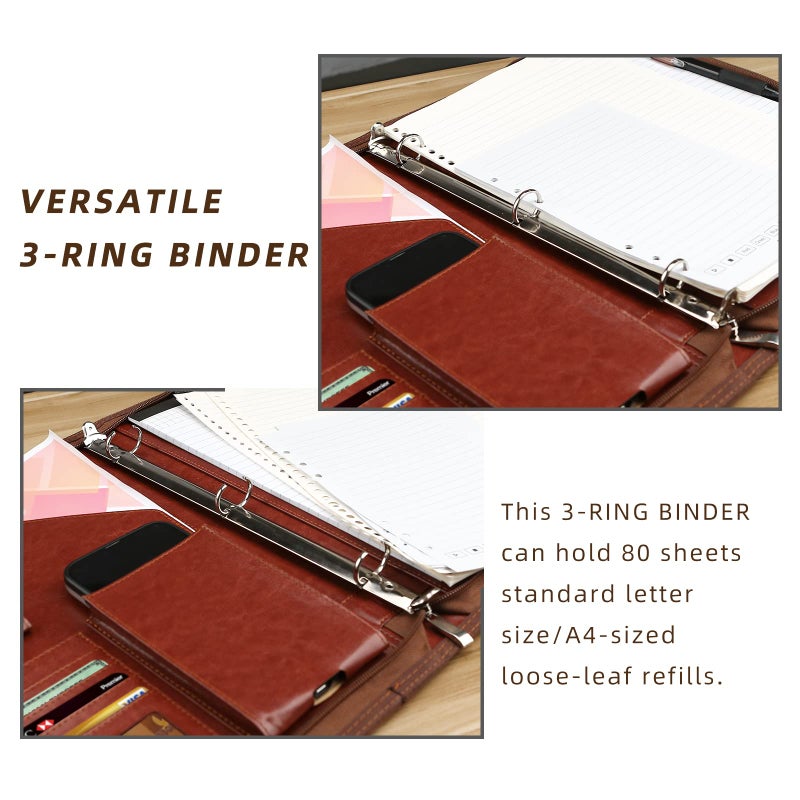 WRIYES Zippered Portfolio Organizer, WRIYES Leather Padfolio with 3 Ring Binder, Professional Business Binder, Organizer for IPad/Document, Phone & Business Cards, Office Gifts for Men or Women (Brown) - Image 4