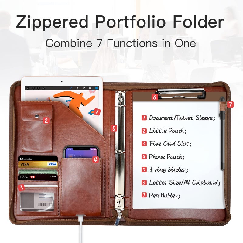 WRIYES Zippered Portfolio Organizer, WRIYES Leather Padfolio with 3 Ring Binder, Professional Business Binder, Organizer for IPad/Document, Phone & Business Cards, Office Gifts for Men or Women (Brown) - Image 2