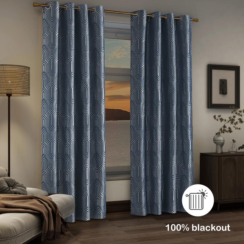 Drapexpert Indigo Blue and Silvery 100% Blackout Jacquard Geometric Pattern Curtains,52 Inch Wide 96 Inch Length 2 Panels, Thermal Insulated Noise Reducing Anti-Rust Grommet Drapes for Bedroom Living Room - Image 3