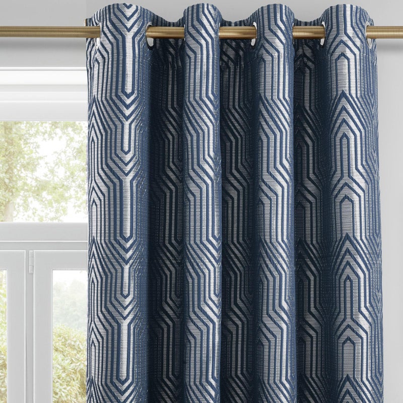Drapexpert Indigo Blue and Silvery 100% Blackout Jacquard Geometric Pattern Curtains,52 Inch Wide 96 Inch Length 2 Panels, Thermal Insulated Noise Reducing Anti-Rust Grommet Drapes for Bedroom Living Room - Image 1