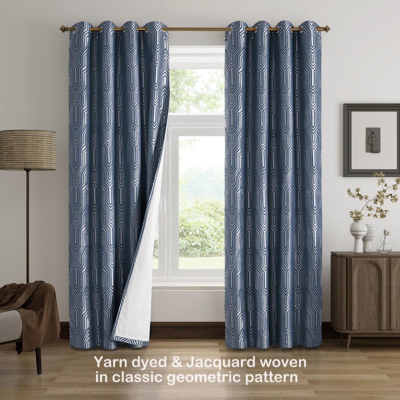Drapexpert Indigo Blue and Silvery 100% Blackout Jacquard Geometric Pattern Curtains,52 Inch Wide 96 Inch Length 2 Panels, Thermal Insulated Noise Reducing Anti-Rust Grommet Drapes for Bedroom Living Room - Image 2