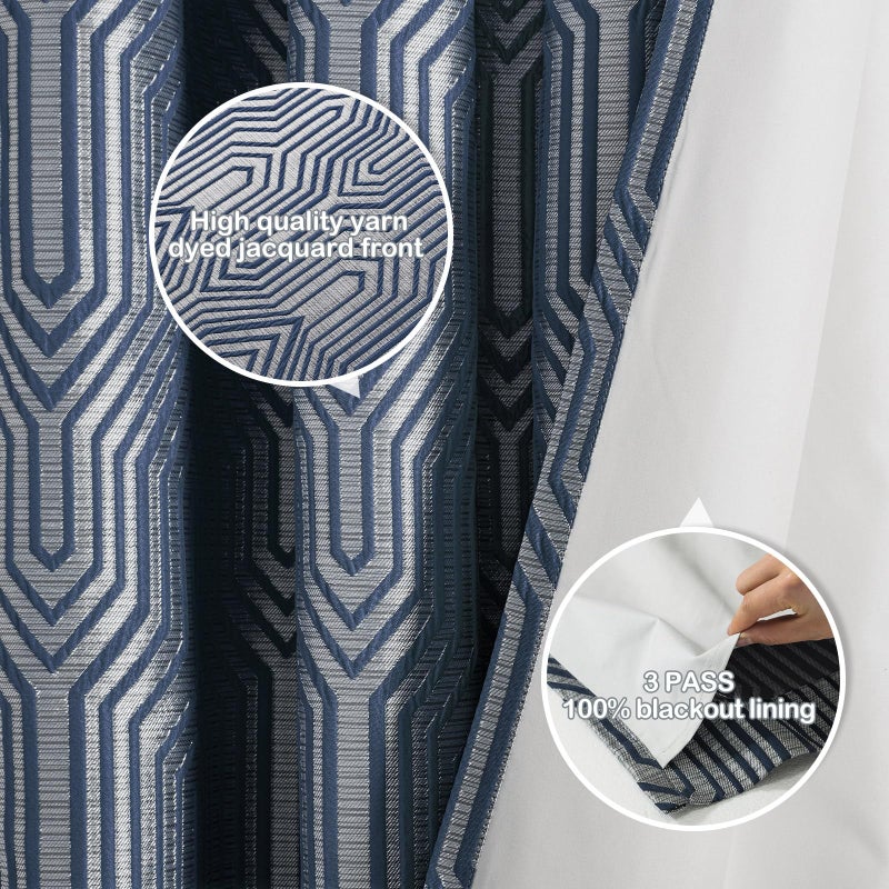 Drapexpert Indigo Blue and Silvery 100% Blackout Jacquard Geometric Pattern Curtains,52 Inch Wide 96 Inch Length 2 Panels, Thermal Insulated Noise Reducing Anti-Rust Grommet Drapes for Bedroom Living Room - Image 4