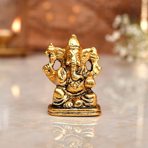 CraftVatika Metal Ganesh Idol for Diwali Decoration Item - Ganesha for Car Dashboard Small Ganpati Statue Figurine Murti for Home Office, Tabledesk Diwali Gift Items (Golden 4.5 CM Height) (Set of 1) - Image 1