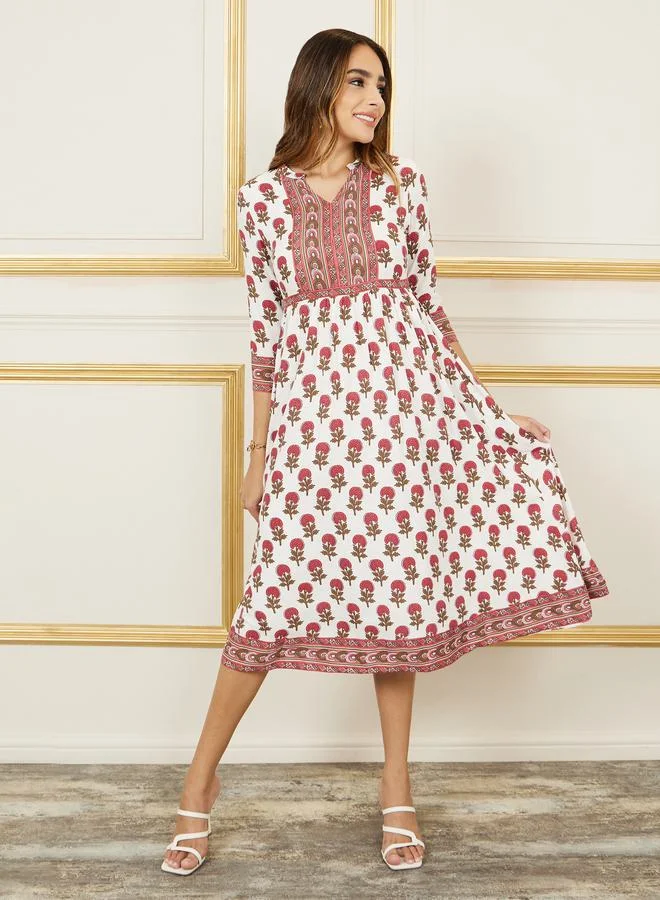 Styli Boho Print Notch Neck A-Line Midi Dress