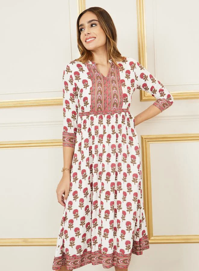 Styli Boho Print Notch Neck A-Line Midi Dress
