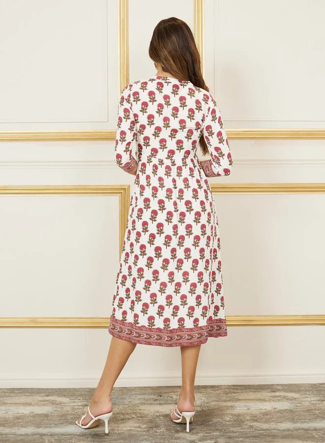 Styli Boho Print Notch Neck A-Line Midi Dress