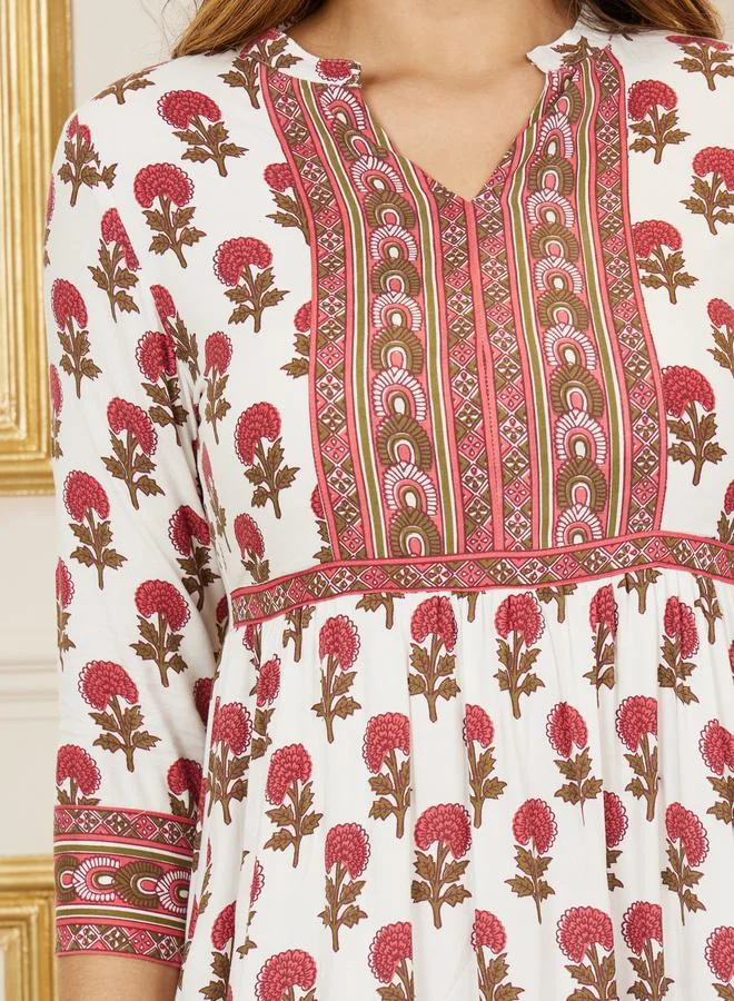 Styli Boho Print Notch Neck A-Line Midi Dress