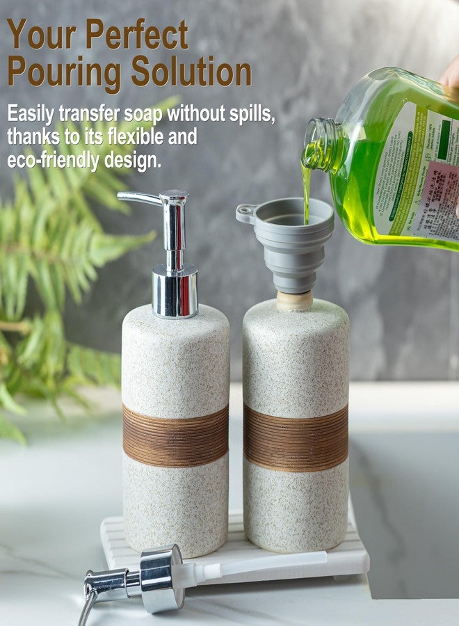Cormomu 2-Pack Ceramic Soap Dispensers Set, Includes Silicone Funnel and Diatomaceous Tray, Hand Soap, Dish Soap, Shampoo and Conditioner Dispenser for Bathroom & Washroom, White - Image 2