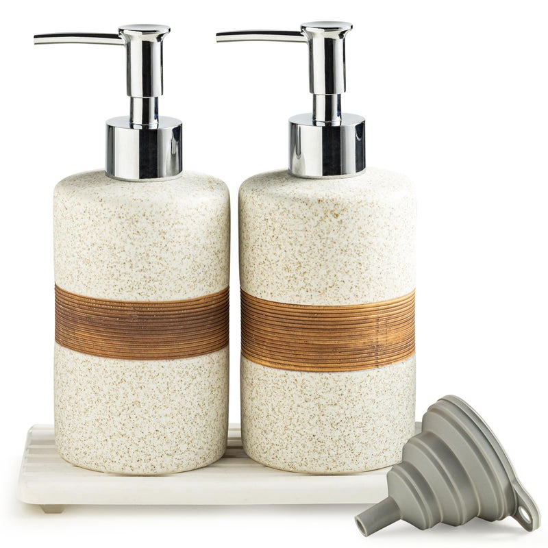 Cormomu 2-Pack Ceramic Soap Dispensers Set, Includes Silicone Funnel and Diatomaceous Tray, Hand Soap, Dish Soap, Shampoo and Conditioner Dispenser for Bathroom & Washroom, White - Image 1