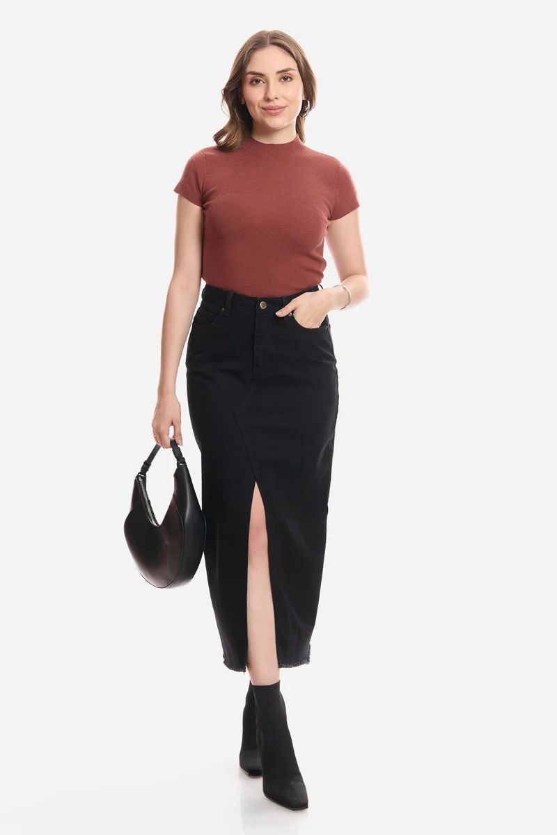 Virgio Solid Cotton Denim Skirt With Slit for Women
