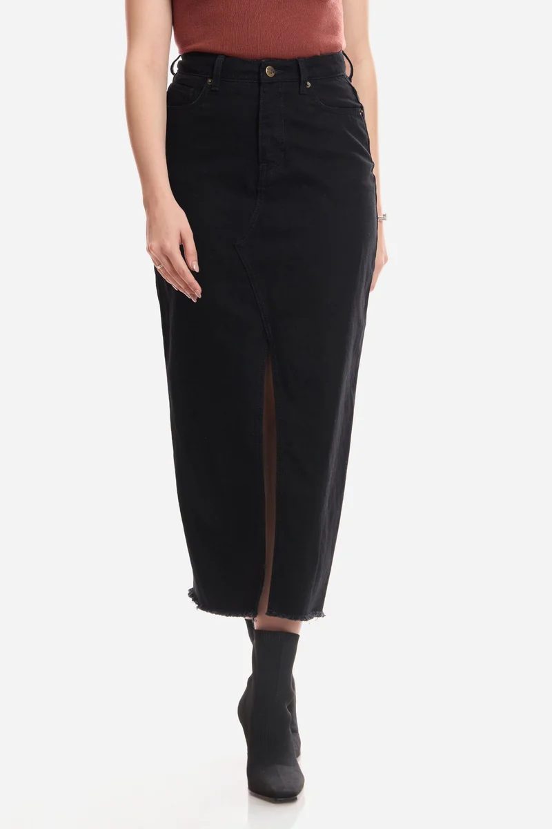 Virgio Solid Cotton Denim Skirt With Slit for Women