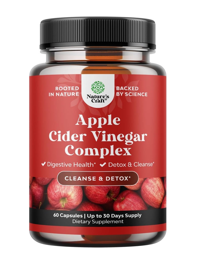 Nature's Craft Cleansing Apple Cider Vinegar Capsules - ACV Cleanse and Detox Pills for Gut and Digestive Health with Slimming Cayenne - Extra Strength ACV Capsules for Gut Cleanse and Full Body Detox 30 Servings 60 Capsules - Image 1