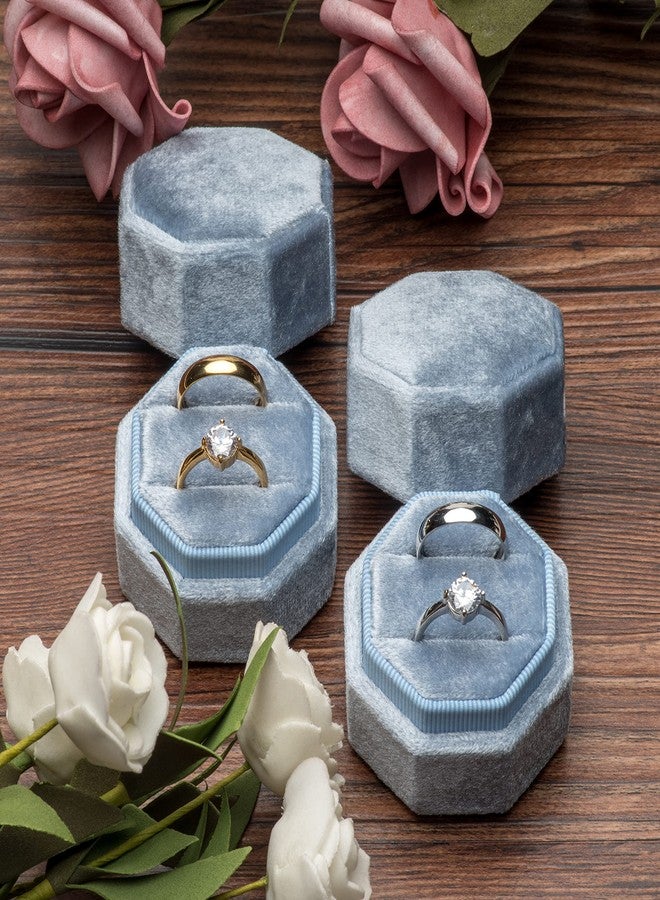 Giftop Premium Velvet Ring Box for Proposal Engagement Wedding Ceremony - Equilateral Octagon Vintage Double Ring Display Holder with Detachable Lid (Light Ocean Blue) - Image 5