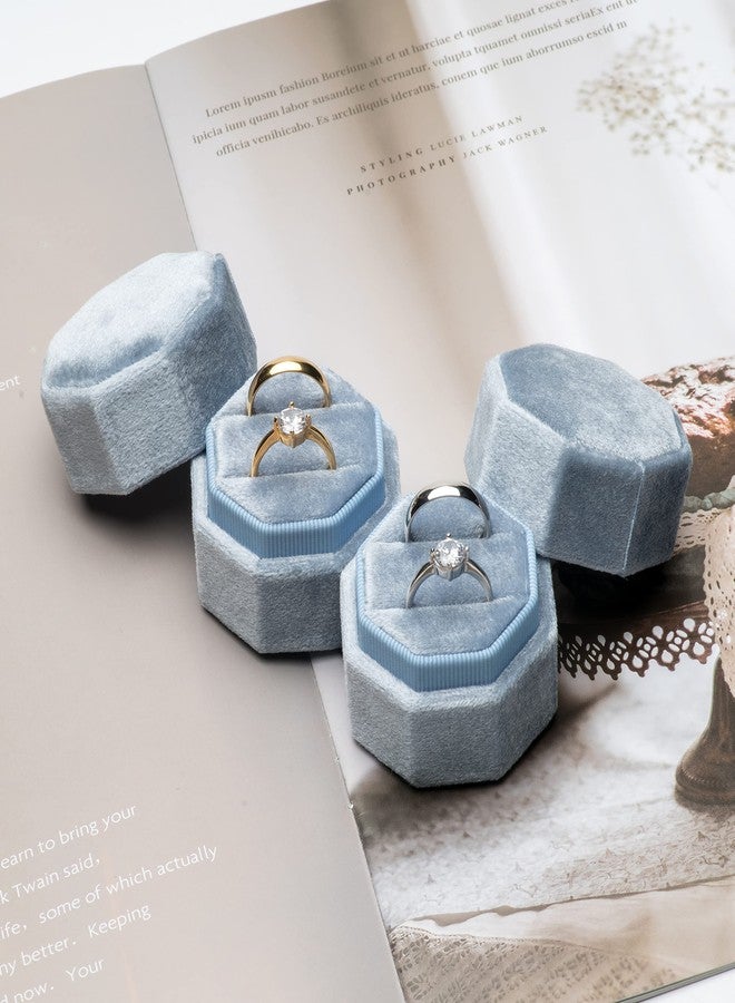 Giftop Premium Velvet Ring Box for Proposal Engagement Wedding Ceremony - Equilateral Octagon Vintage Double Ring Display Holder with Detachable Lid (Light Ocean Blue) - Image 4