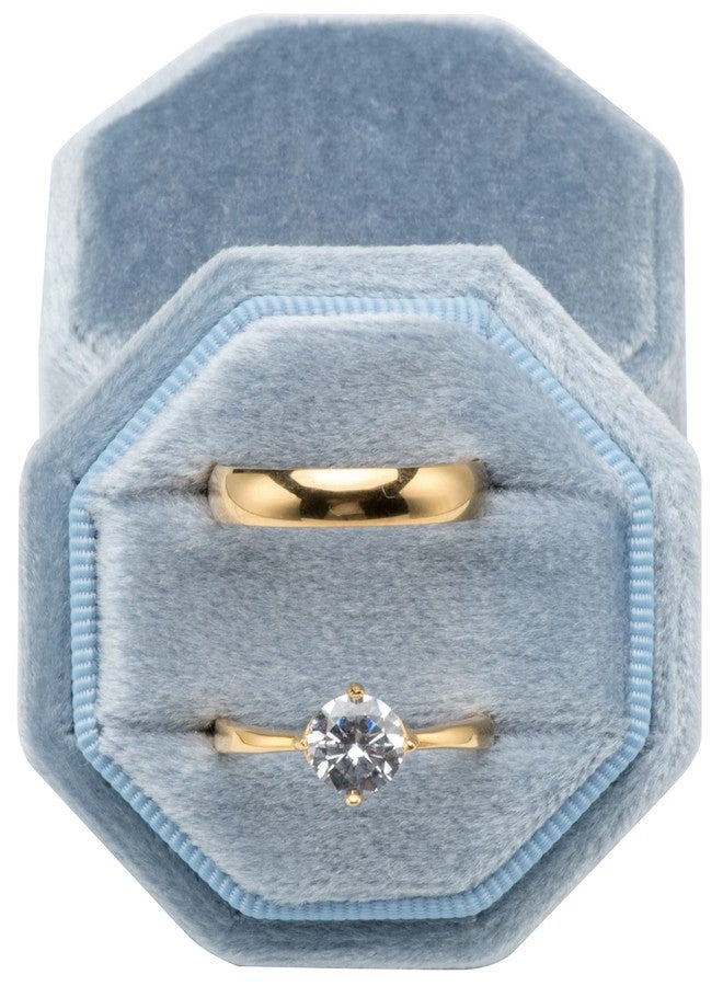 Giftop Premium Velvet Ring Box for Proposal Engagement Wedding Ceremony - Equilateral Octagon Vintage Double Ring Display Holder with Detachable Lid (Light Ocean Blue) - Image 1
