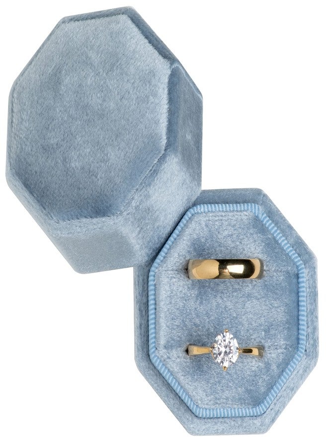 Giftop Premium Velvet Ring Box for Proposal Engagement Wedding Ceremony - Equilateral Octagon Vintage Double Ring Display Holder with Detachable Lid (Light Ocean Blue) - Image 2