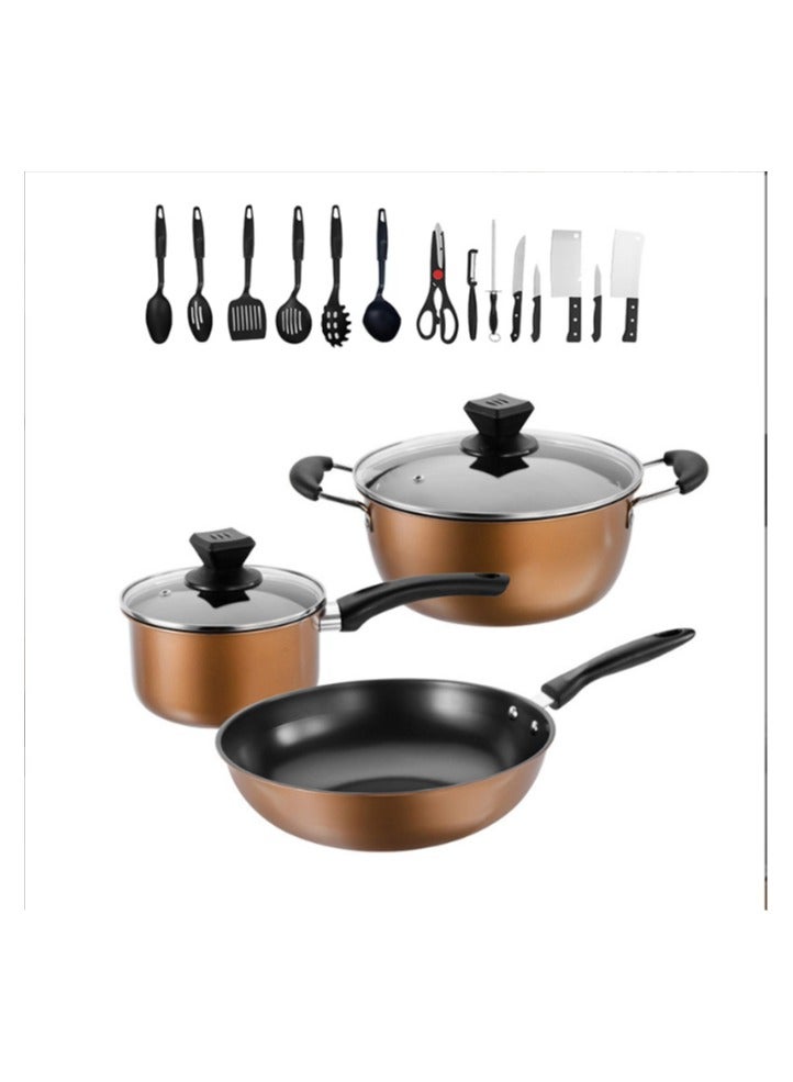 Gold three-piece set + 14-piece kitchenware set, kitchenware set, cookware set, frying pan + soup pot + small coffee pot - Image 1