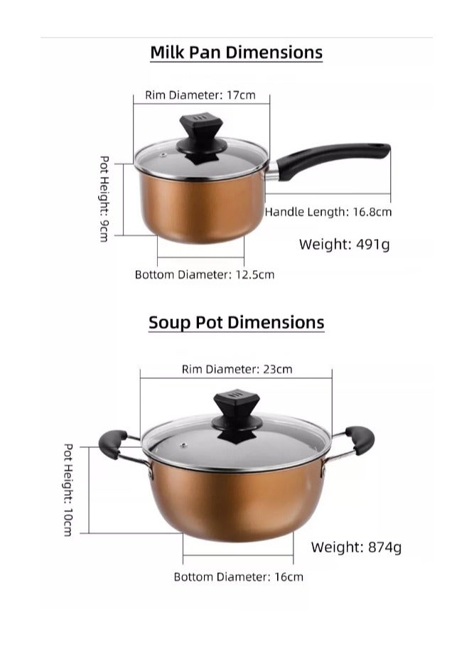 Gold three-piece set + 14-piece kitchenware set, kitchenware set, cookware set, frying pan + soup pot + small coffee pot - Image 4