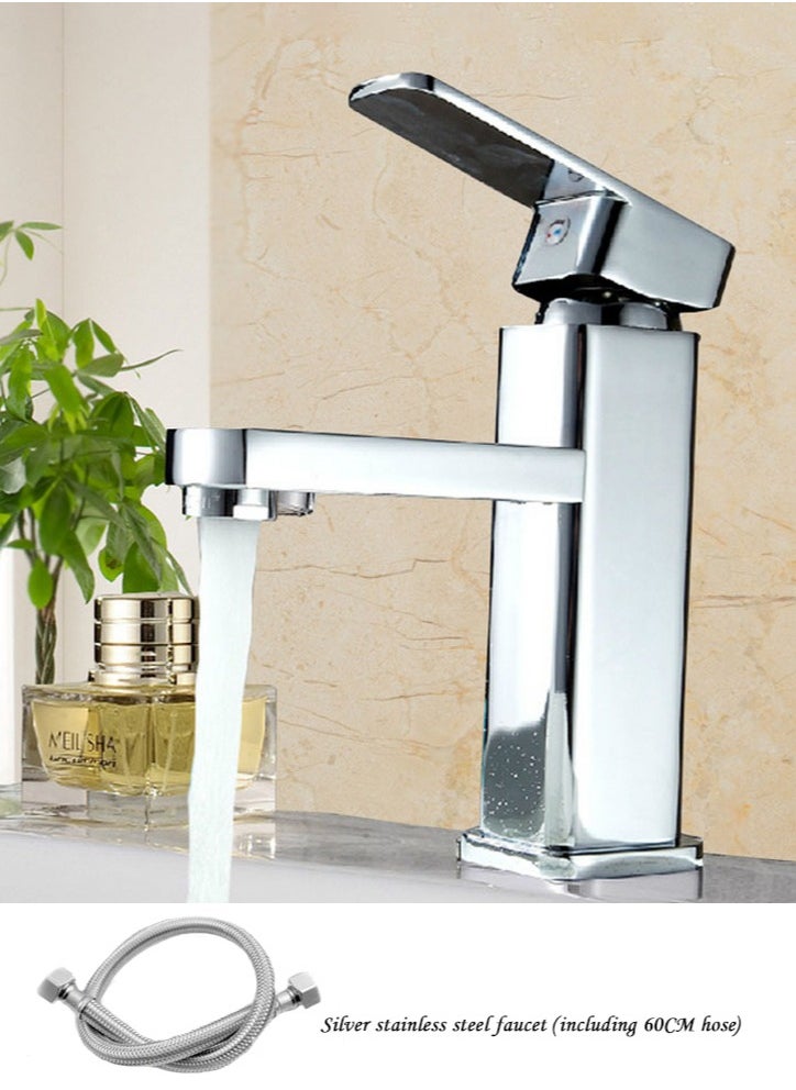 JSDUN High-Quality Silver Stainless Steel Faucet, Splash-Proof Filter Design, Hot and Cold Dual Control, Suitable for Kitchen, Bathroom, Household Single-Hole Basin (Including 60cm Hose)  - Image 2