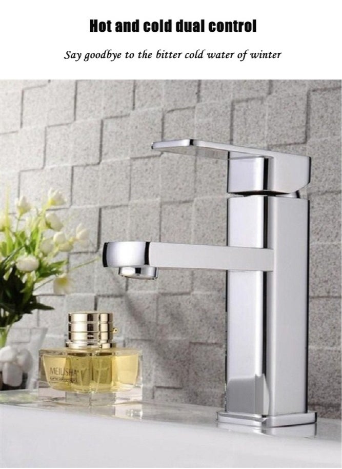 JSDUN High-Quality Silver Stainless Steel Faucet, Splash-Proof Filter Design, Hot and Cold Dual Control, Suitable for Kitchen, Bathroom, Household Single-Hole Basin (Including 60cm Hose)  - Image 3