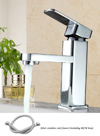 304 Stainless Steel Kitchen & Bathroom Faucet – Hot and Cold Water Mixer Tap with Dual Handle, Splash-Proof Aerator Sink Tap, Single Hole Basin Faucet with 60cm Hose – Silver - view 3