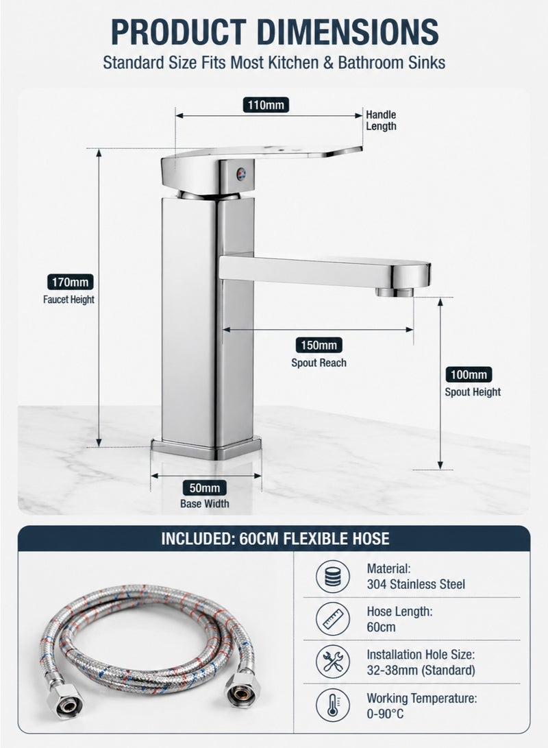 Monda 304 Stainless Steel Kitchen & Bathroom Faucet – Hot and Cold Water Mixer Tap with Dual Handle, Splash-Proof Aerator Sink Tap, Single Hole Basin Faucet with 60cm Hose – Silver - Image 5