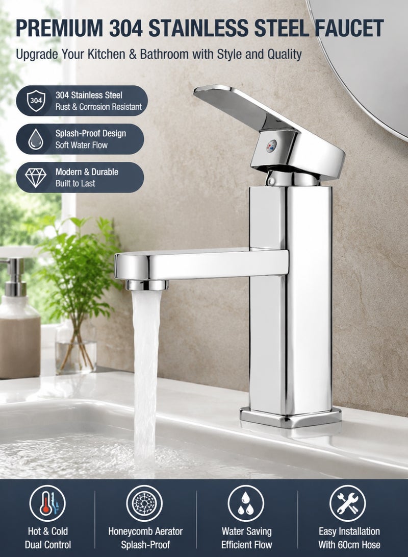 Monda 304 Stainless Steel Kitchen & Bathroom Faucet – Hot and Cold Water Mixer Tap with Dual Handle, Splash-Proof Aerator Sink Tap, Single Hole Basin Faucet with 60cm Hose – Silver - Image 1
