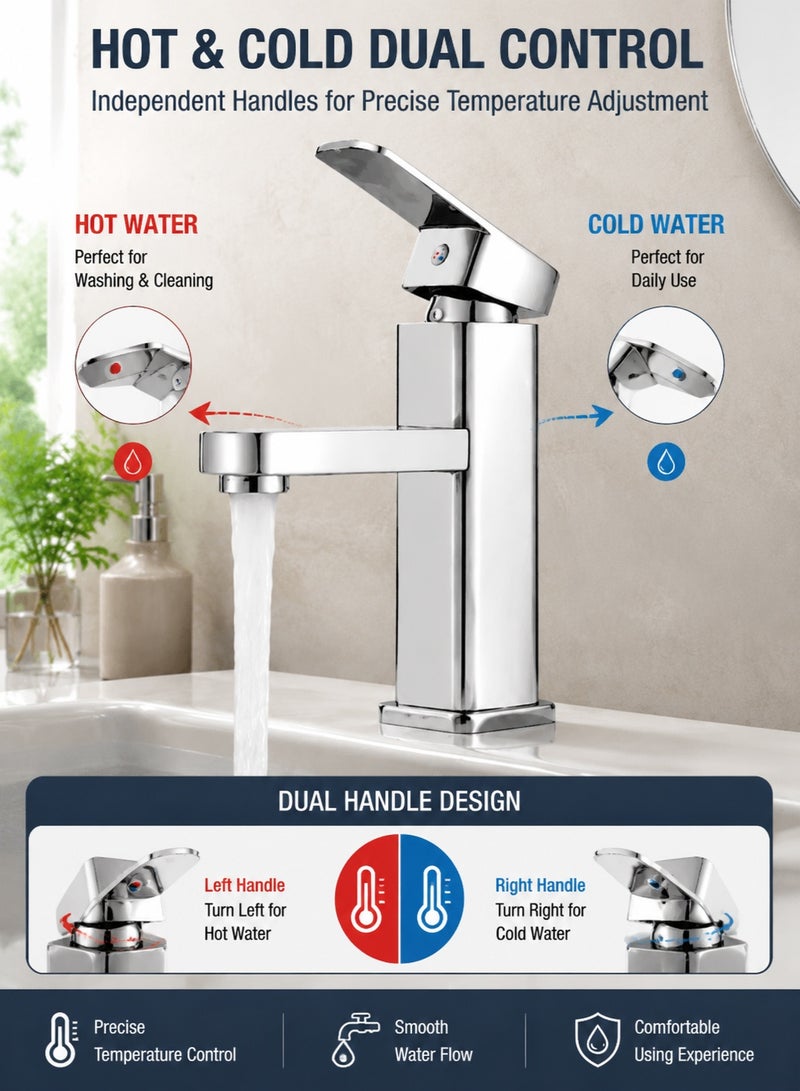 Monda 304 Stainless Steel Kitchen & Bathroom Faucet – Hot and Cold Water Mixer Tap with Dual Handle, Splash-Proof Aerator Sink Tap, Single Hole Basin Faucet with 60cm Hose – Silver - Image 2