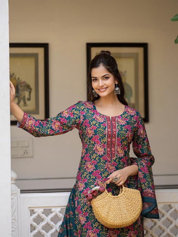 Vaamsi Women's Floral Straight Printed Kurta Pant With Dupatta Set (VKSKD2283_XL_Green) - Image 5