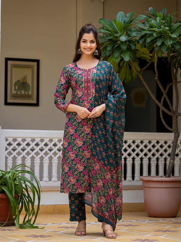Vaamsi Women's Floral Straight Printed Kurta Pant With Dupatta Set (VKSKD2283_XL_Green) - Image 4