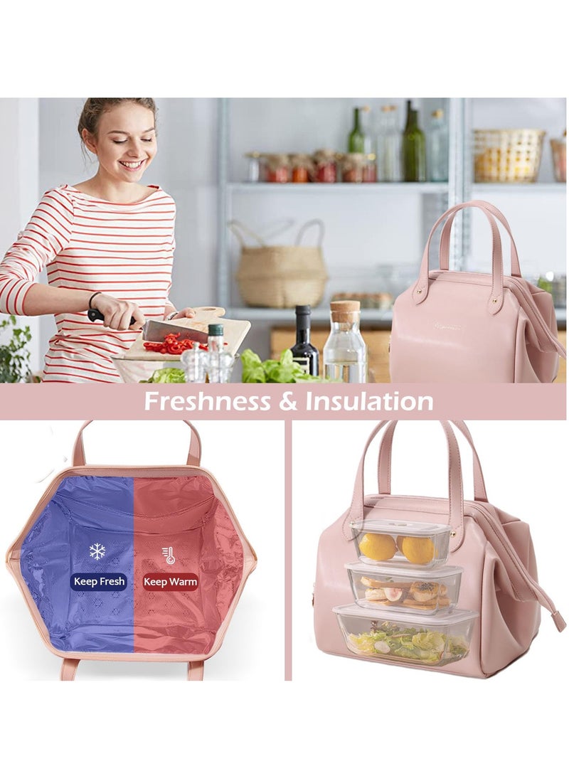 Excefore حقيبة غداء نسائية، حقيبة غداء معزولة، حقيبة غداء، حقيبة غداء من جلد البولي يوريثان مقاومة للماء محمولة صغيرة بسيطة حقيبة غداء للنساء للعمل أو النزهة أو السفر (وردي) - Image 4