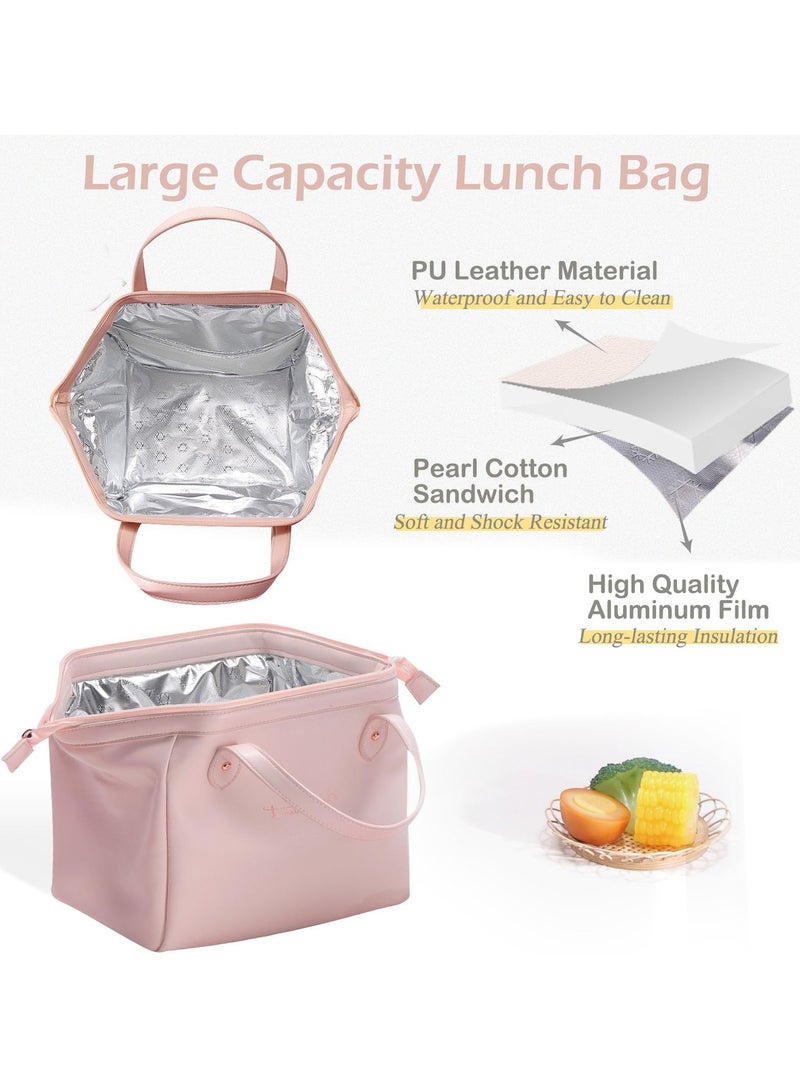 Excefore حقيبة غداء نسائية، حقيبة غداء معزولة، حقيبة غداء، حقيبة غداء من جلد البولي يوريثان مقاومة للماء محمولة صغيرة بسيطة حقيبة غداء للنساء للعمل أو النزهة أو السفر (وردي) - Image 3