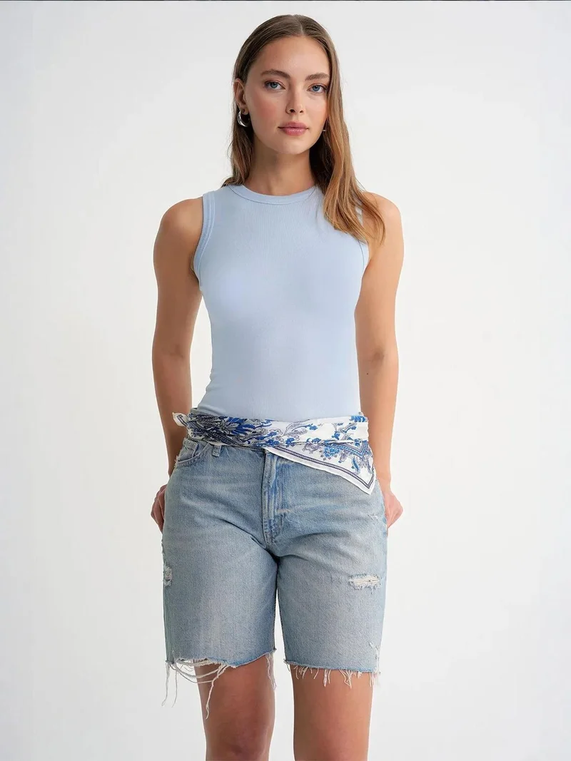 MixRay Mixray Ribbed Crew Neck Fitted Tank Top