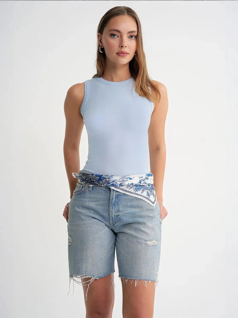 MixRay Mixray Ribbed Crew Neck Fitted Tank Top