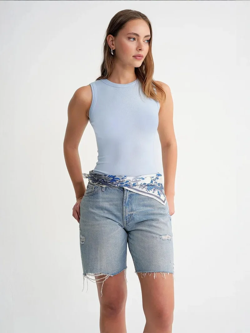 MixRay Mixray Ribbed Crew Neck Fitted Tank Top