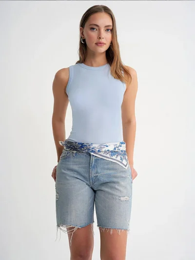 MixRay Mixray Ribbed Crew Neck Fitted Tank Top